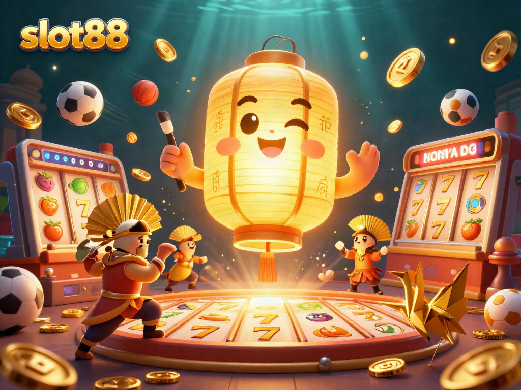 Engage with thrilling slot88 jackpots in a vibrant 3D casino scene featuring lucky symbols and golden lanterns.