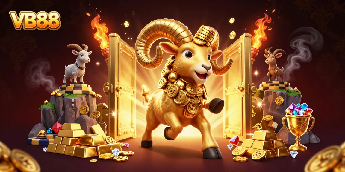 Experience the thrill of VB88 with a vibrant golden ram charging towards jackpots amidst shimmering treasures.