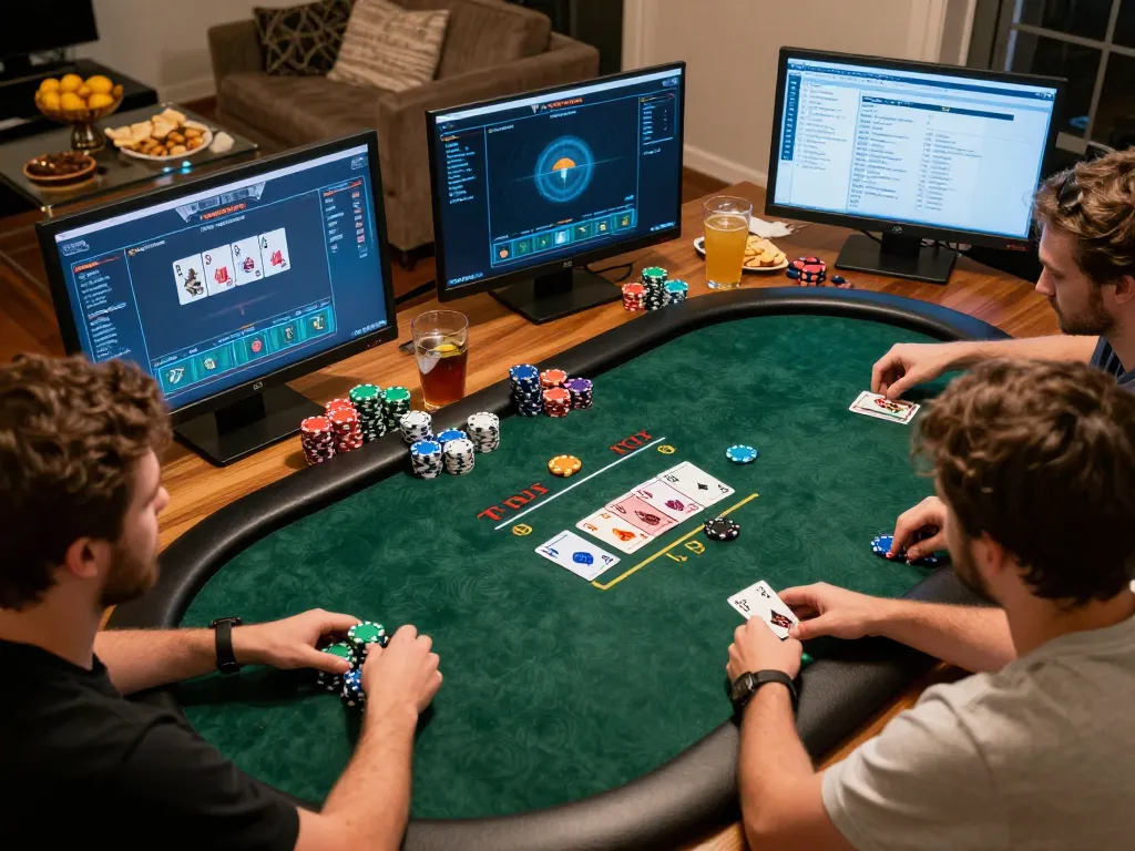 Engaged players in a Jilipinas online poker game, surrounded by snacks and strategy notes.