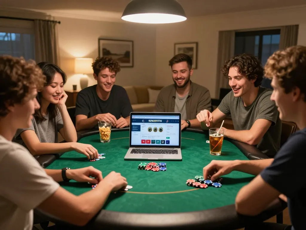 Teman-teman menikmati poker online di KENZOTOTO, menciptakan suasana bermain di rumah yang meriah.