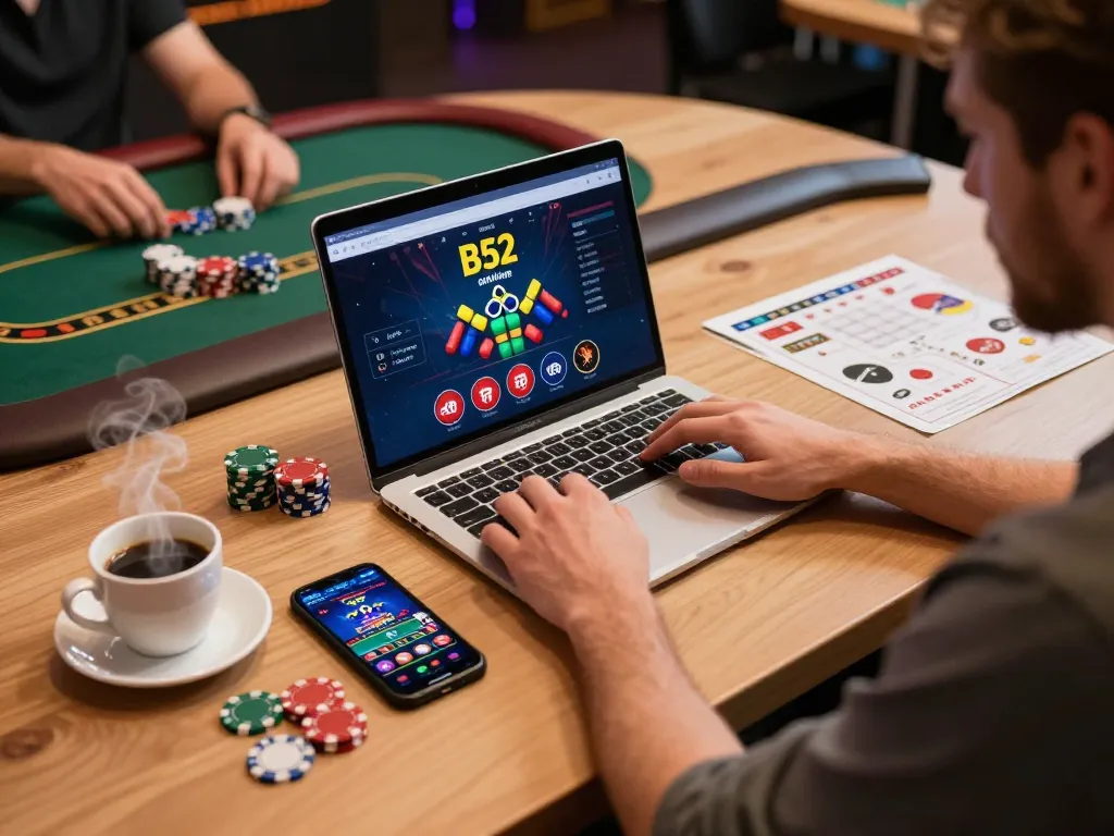 B52 online casino player engaging with live dealer games on laptop while managing betting strategy.