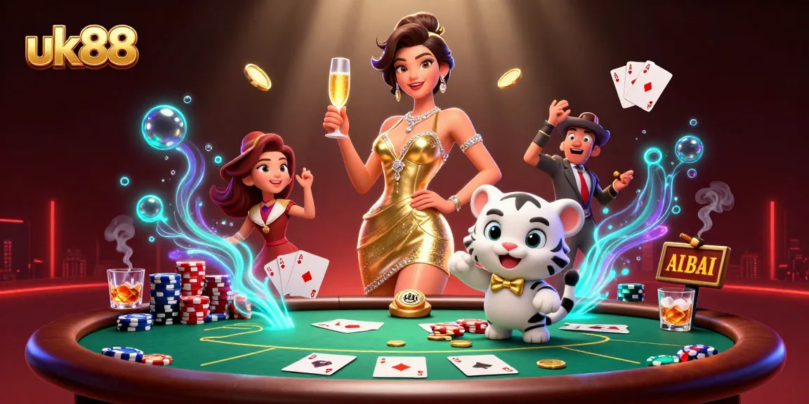 Engage with uk88's vibrant online casino world, featuring a glamorous woman and a lucky tiger amidst poker elements.