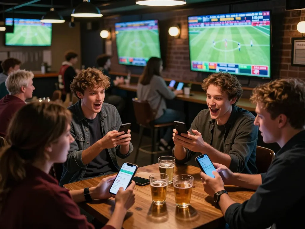 People actively engaging in sports betting using mobile apps while watching live games on screens at a lively bar, showcasing tylebongda action.