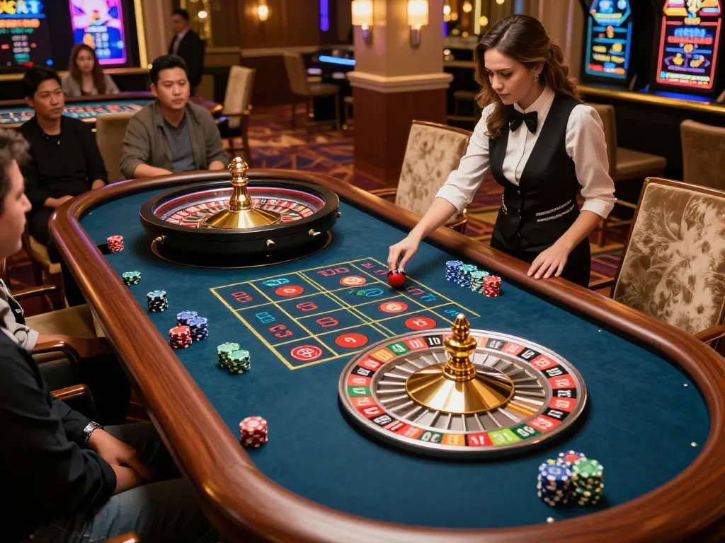 Trải nghiệm trò chơi roulette hấp dẫn tại casino Luck8, thể hiện người chơi và croupier đang hoạt động.
