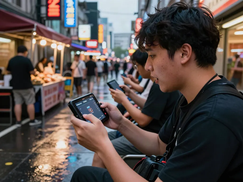 Exciting urban gambling scene with player engaged on akunjp device illuminating nightlife.