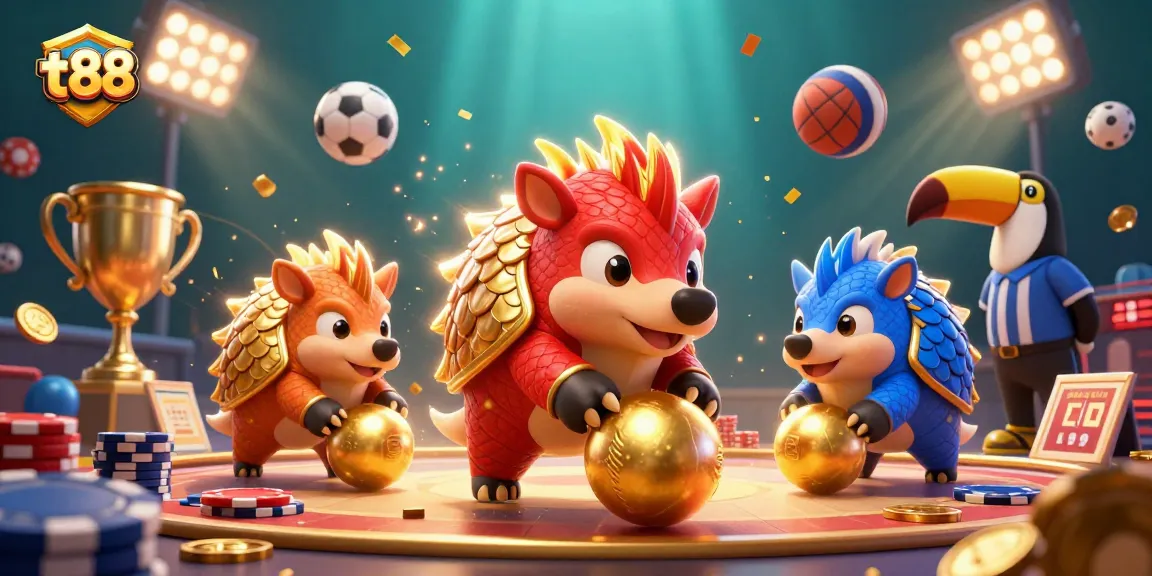 Join the gaming excitement at tt88 where pangolins roll into golden balls amidst poker chips and dynamic sports elements.