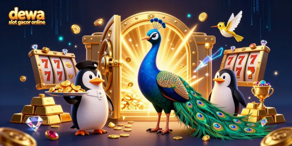 Menangkan permainan di dewa slot gacor online dengan ilustrasi menarik slot dan simbol keberuntungan.