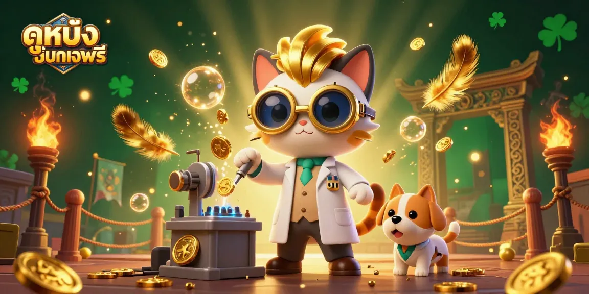 Experience ดูหนังออนไลน์ฟรี with dynamic scenes of cartoon characters amidst casino elements and golden tokens.