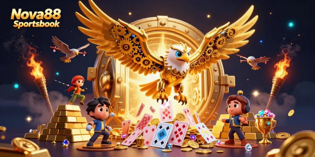 Experience thrilling action at Nova88 Sportsbook with a vibrant 3D golden eagle diving through playing cards.