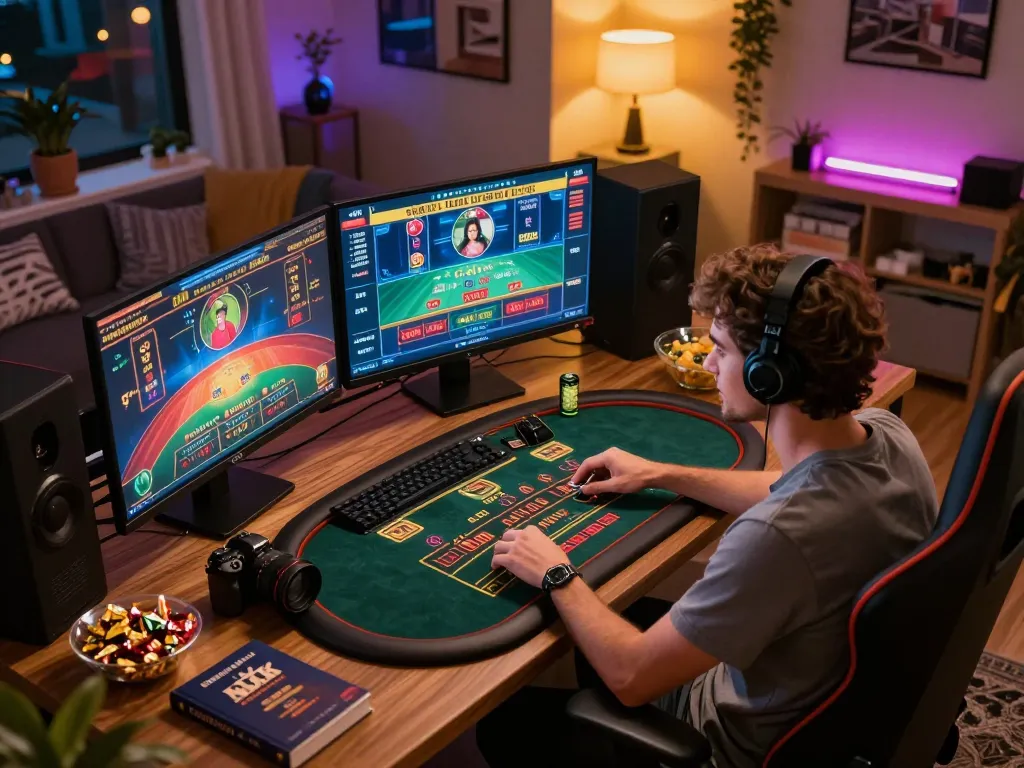 Engaged player gaming at online casinos in Canada with multiple screens displaying live dealer games, showcasing strategy.