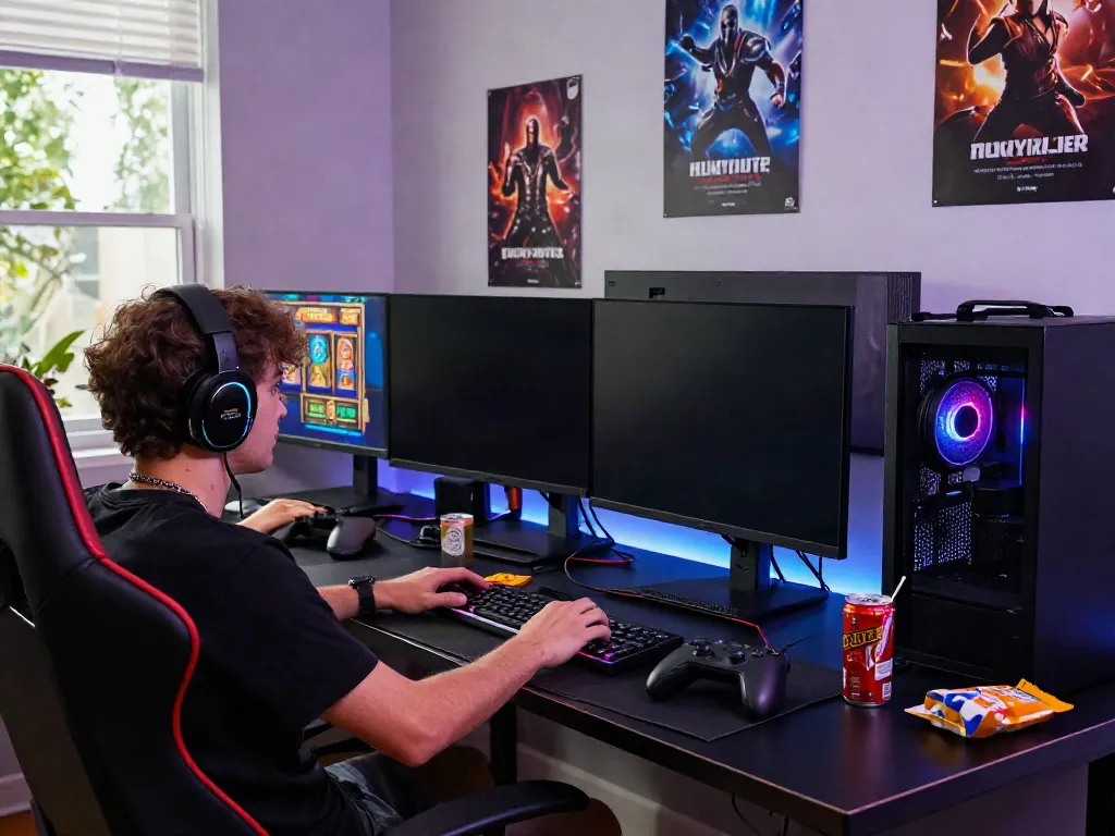 Pengguna nyonya4d login di setup gaming modern dengan monitor dan headset.