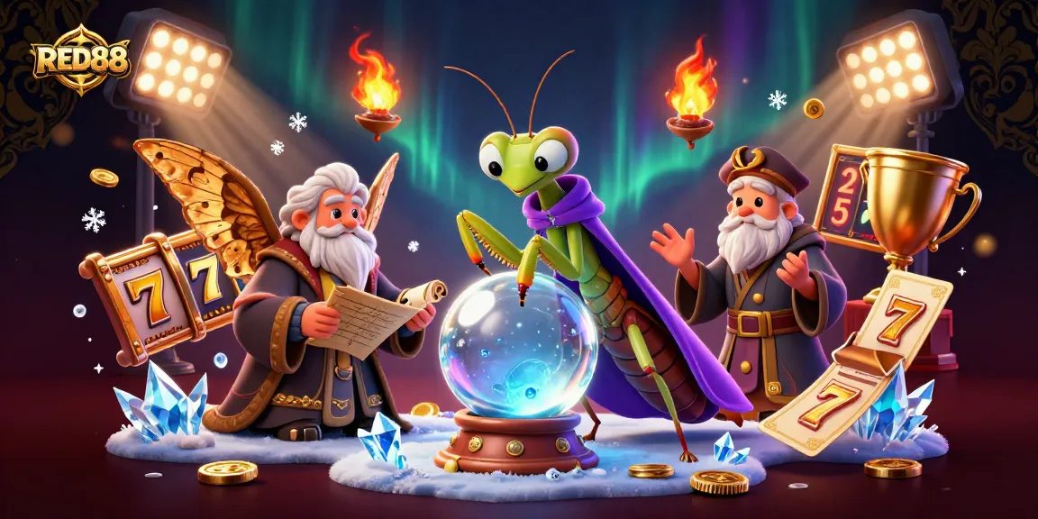 Visualize winning at RED88 with vibrant slot machines, fortune teller characters, and dynamic casino elements.
