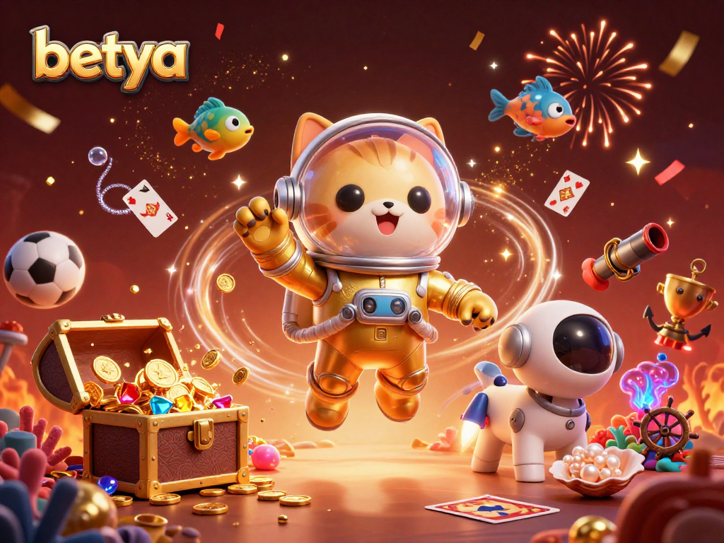 Betya offers sports betting thrills with an astronaut cat and a robotic dog in a vibrant casino scene.