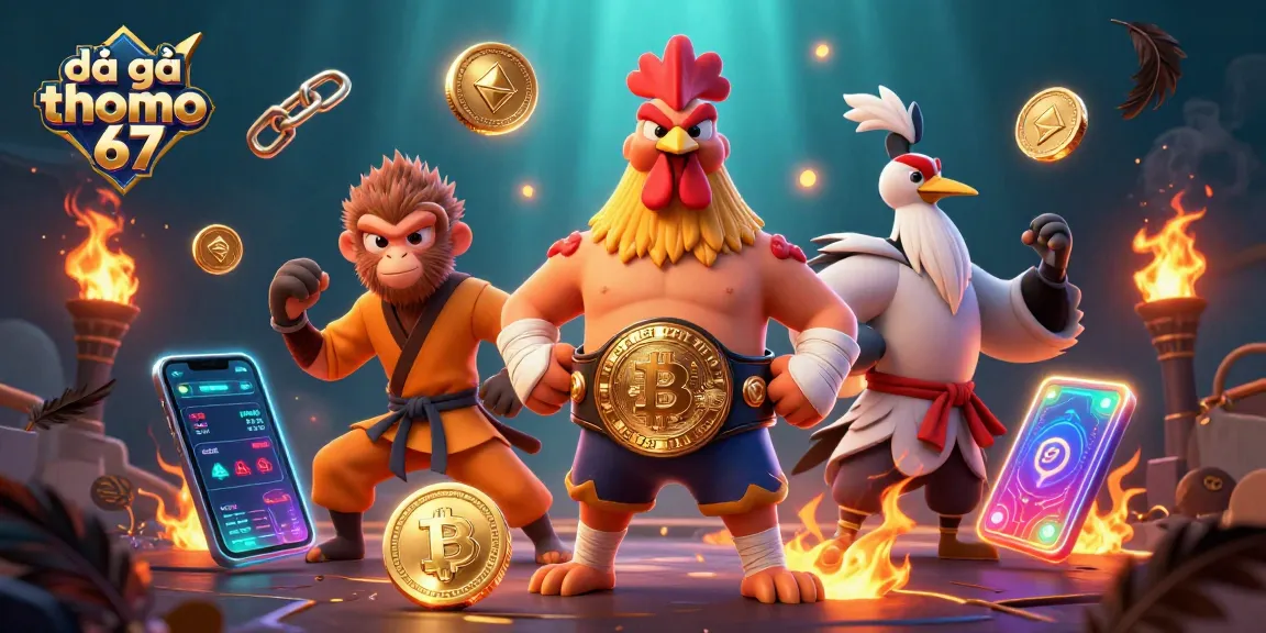 Engage in thrilling cockfighting at đá gà thomo 67 with vibrant, action-packed characters and glowing gaming elements.