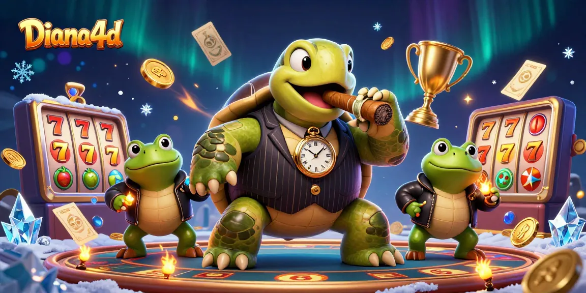 Diana4d showcases a snapping turtle mobster and bullfrog enforcers in a vibrant slot game scene with dynamic elements.