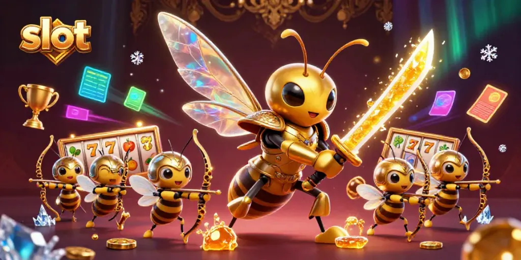 Experience the excitement of slot gaming with a vibrant scene featuring a golden hornet in samurai armor amidst dynamic slot elements.