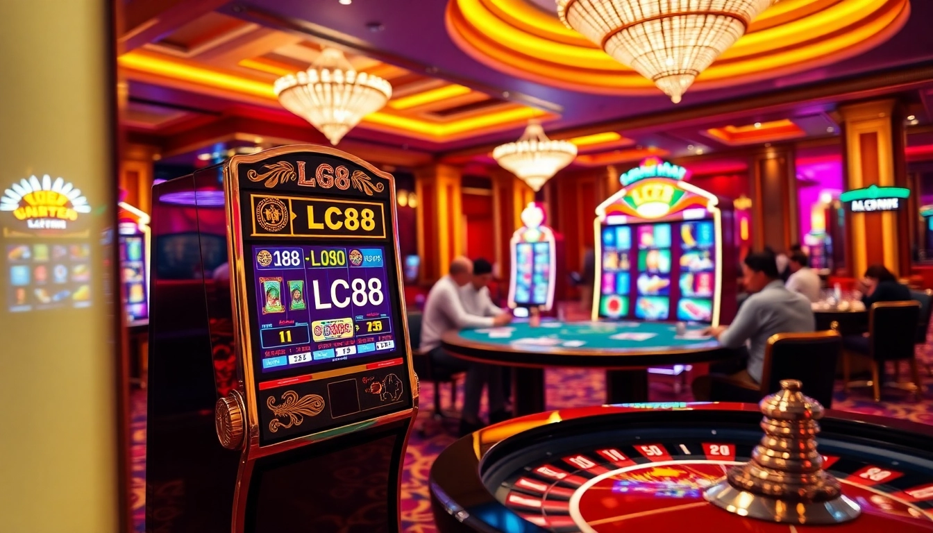 Experience the thrilling atmosphere of LC88 Casino with slot machines, poker tables, and vibrant gaming.