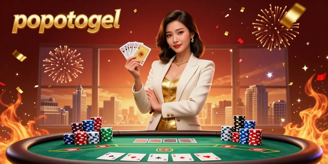 Experience the thrill of Popotogel with a glamorous businesswoman showcasing poker prowess amid vibrant casino elements.