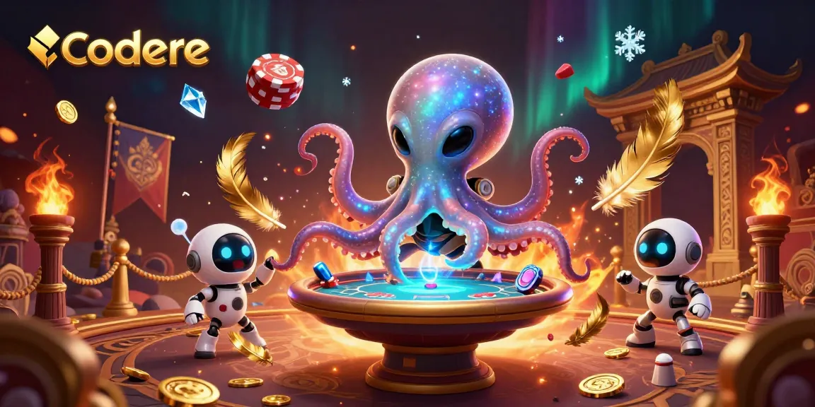 Codere features a vibrant scene with an alien octopus operating a poker table amidst swirling cosmic elements.