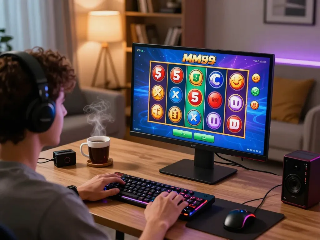 Engaging in MM99 Slot gameplay at a modern home setup with colorful reels and a cozy atmosphere