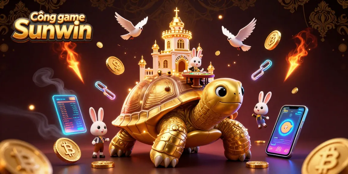 Cổng game Sunwin showcases a vibrant 3D casino scene featuring a golden tortoise with a casino palace, engaging players.