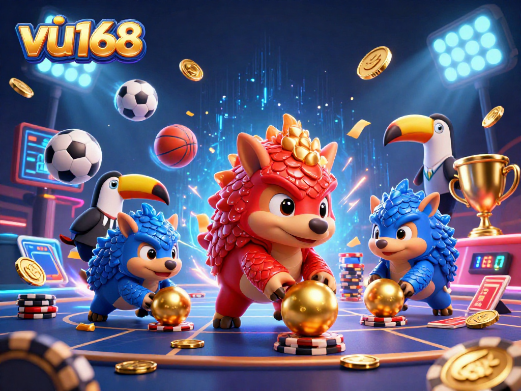 vu168 showcases a vibrant 3D illustration of pangolins engaged in a dynamic gambling scene involving sports elements and poker.