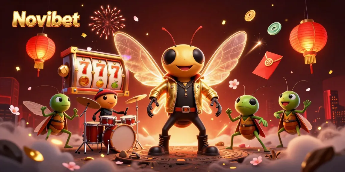 Experience the excitement of Novibet with vibrant slot machines and animated characters in dynamic casino scene.