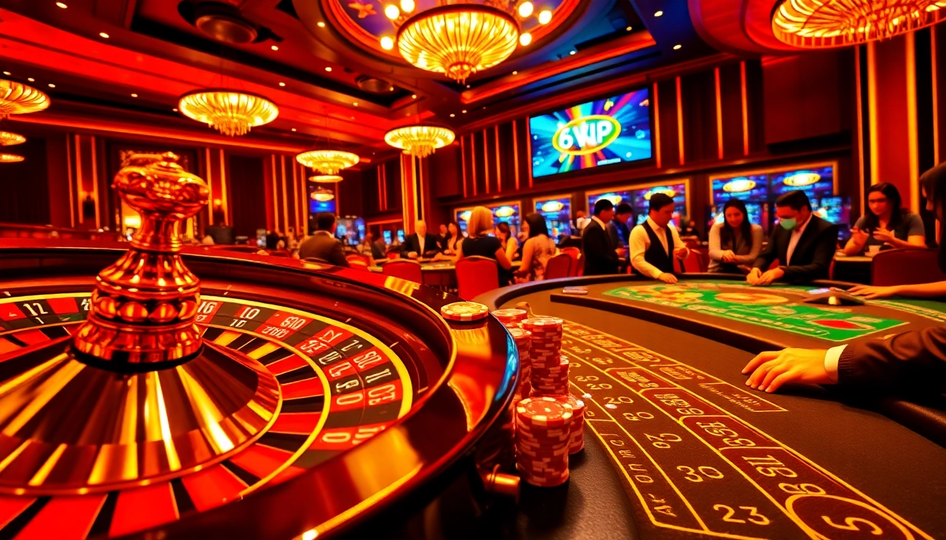 Players enjoying the excitement at 68VIP casino tables with roulette wheels and poker chips.