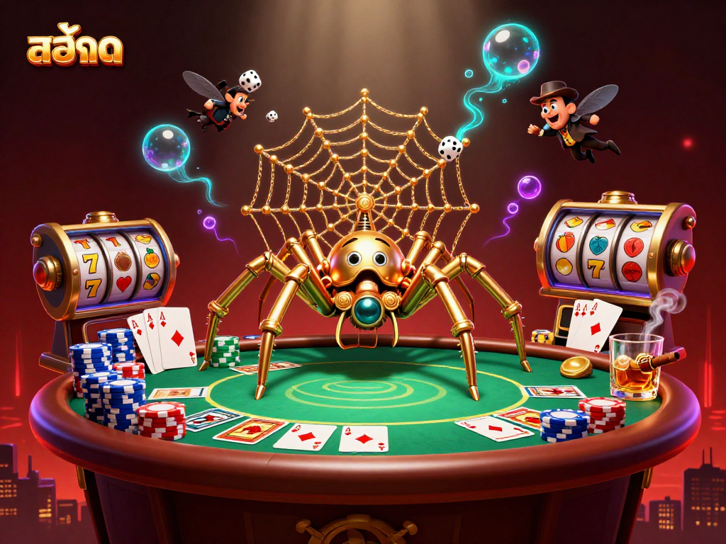 Engaging slots scene featuring golden spider and Victorian fly, depicting exciting casino action with สล็อต.