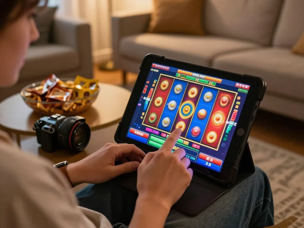 Engaging online gameplay on a situs slot gacor tablet in a cozy living room setting.