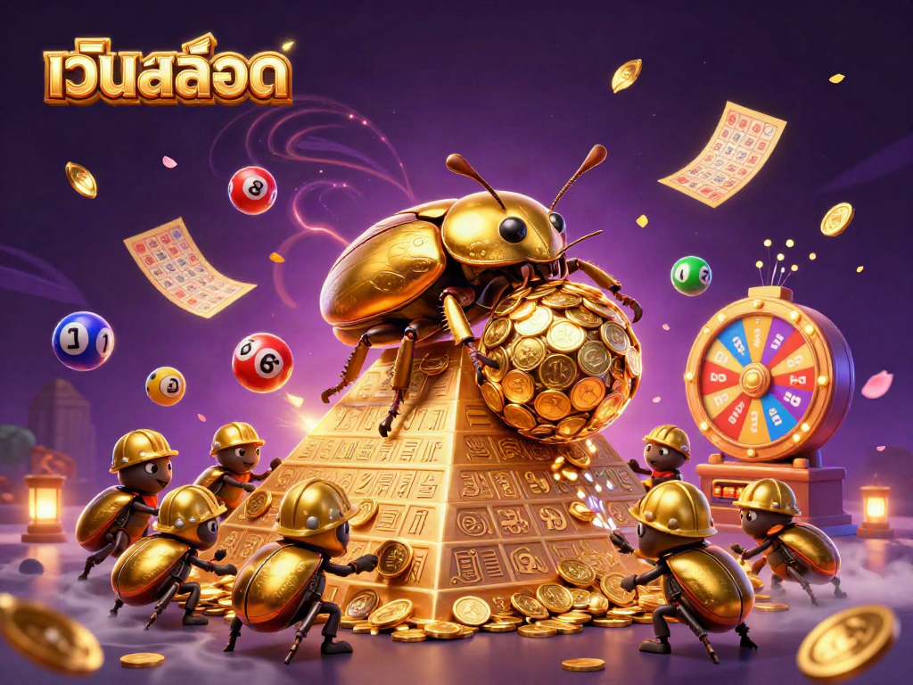 Engage with เว็บสล็อต in a thrilling scene of a golden beetle triumphantly navigating a pyramid of coins.