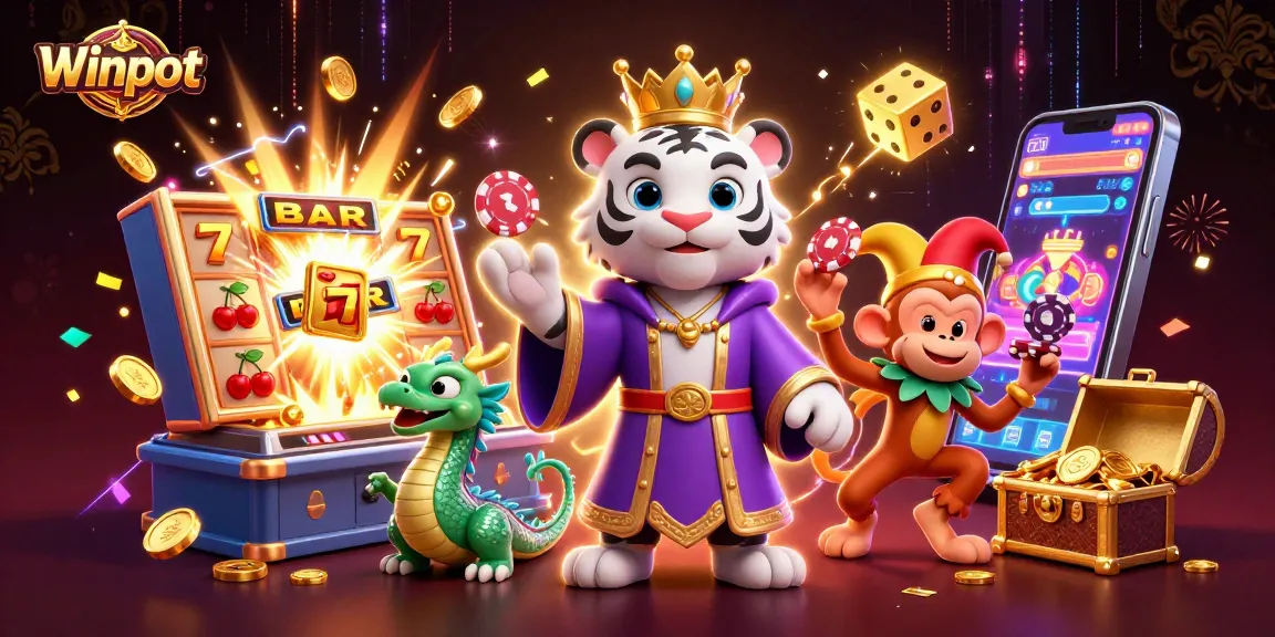 Winpot's exciting casino realm featured in an ultra-detailed cartoon style with vivid characters and action.