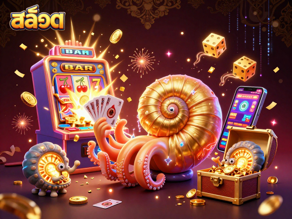 Experience the excitement of สล็อต with a vibrant 3D casino scene featuring a giant nautilus and jackpot elements.