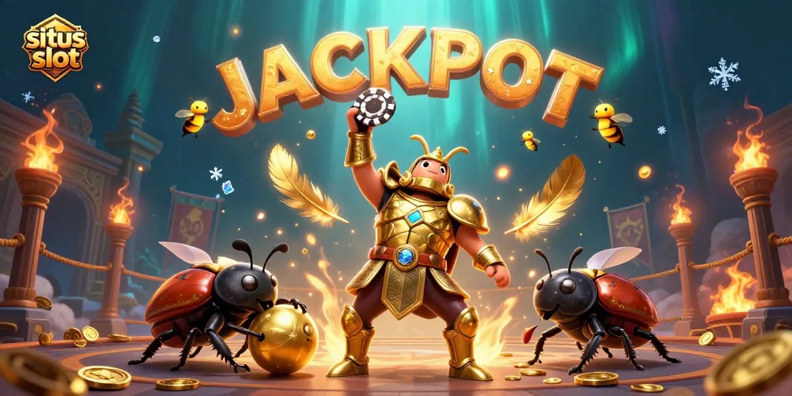 Situs slot scene with gladiator beetle and fireflies, celebrating a jackpot win in a rich environment.