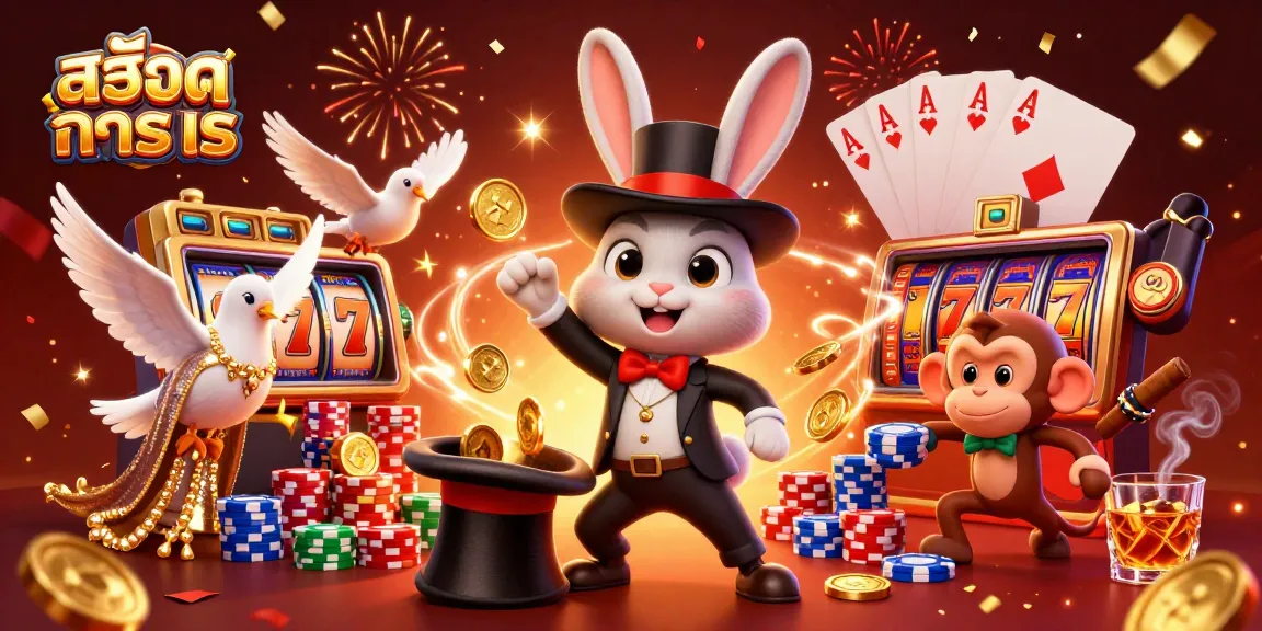 Spin the reels with สล็อตทดลอง, as a rabbit magician conjures coins in a lively casino scene.