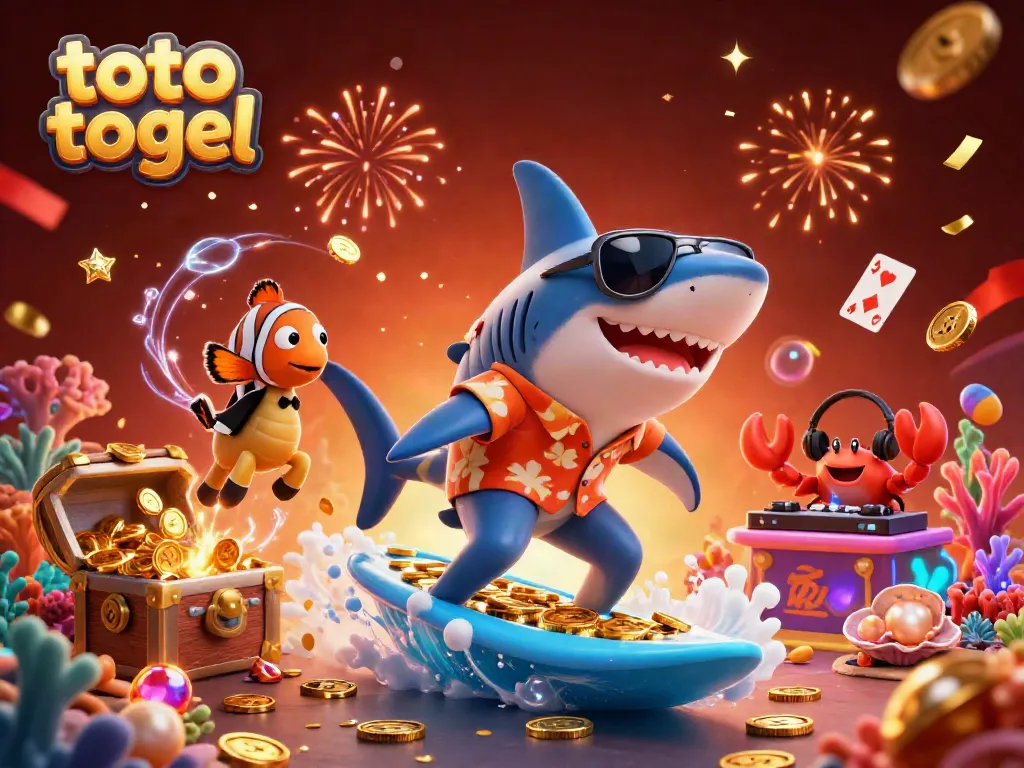 Catch the action of toto togel as a hammer-head shark rides waves of gold coins with sea creatures.
