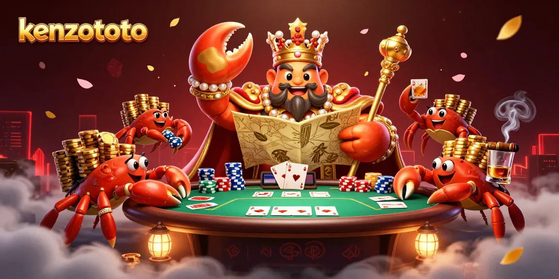Kenzototo engages players with immersive casino excitement, featuring a golden crab emperor and vibrant poker elements.