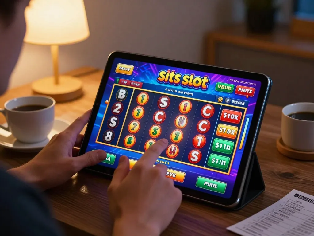 Engaging gameplay action on situs slot in a cozy home setup, highlighting online gaming experience