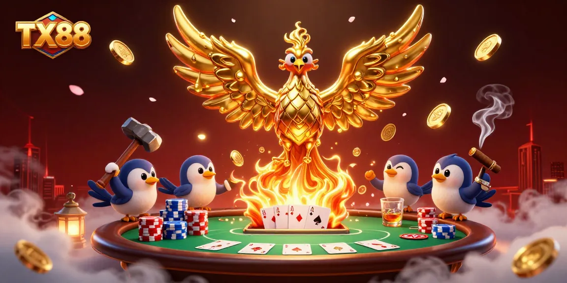 Engage in thrilling gameplay at TX88 with a vibrant casino scene showcasing golden phoenixes and poker action.