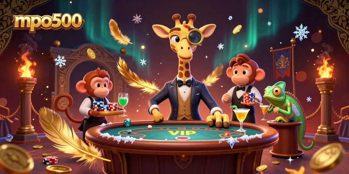 Experience the excitement of mpo500 with a vibrant 3D illustration showcasing gambling elements and characters.