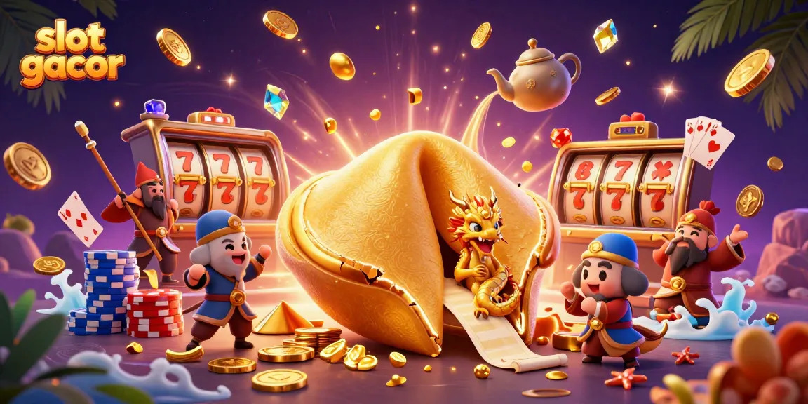 Engage with slot gacor dynamics featuring fortune characters amidst cascading riches and vibrant casino elements.