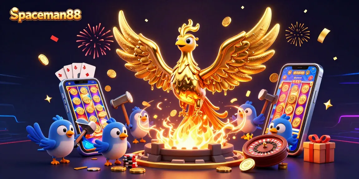 Spin winning reels at spaceman88 with a vibrant golden phoenix, slot games, and festive elements.
