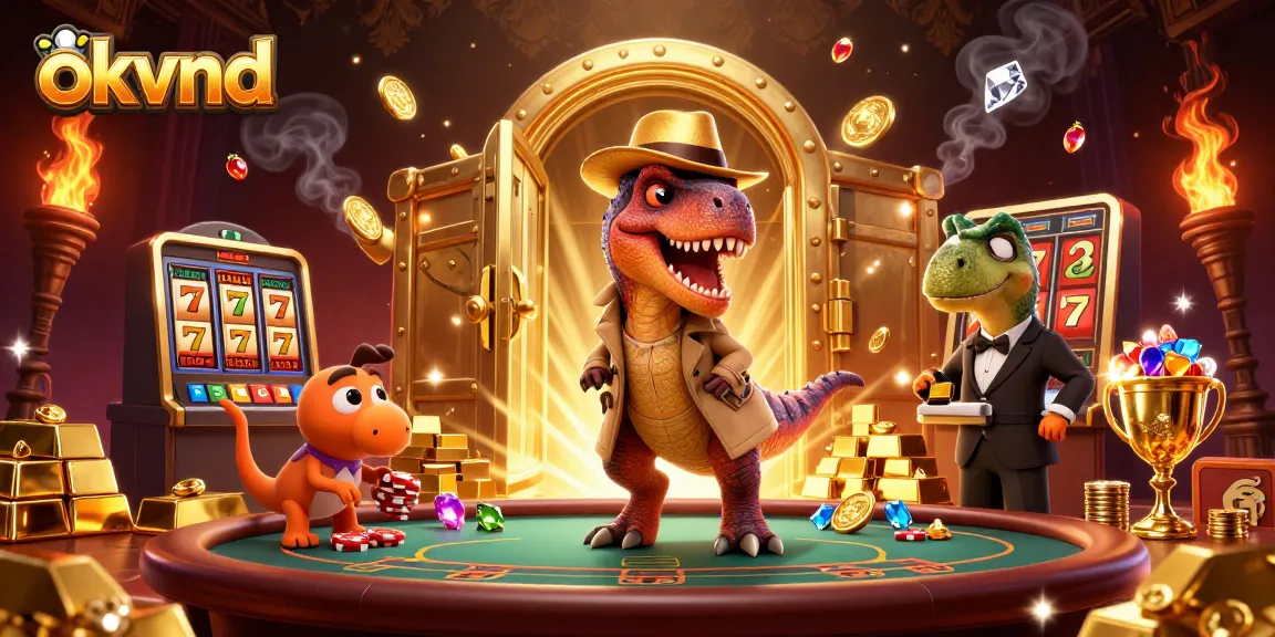 okvnd showcases an energetic blackjack scene with cartoon dinosaurs amidst treasures
