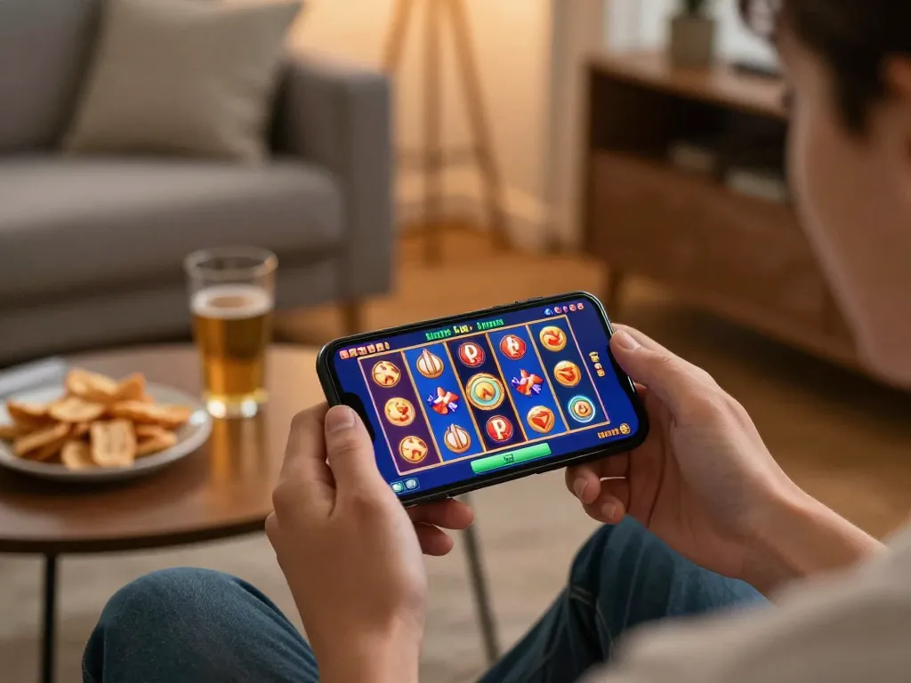 Engaging gameplay on a link slot game in a cozy home environment, highlighting strategic entertainment