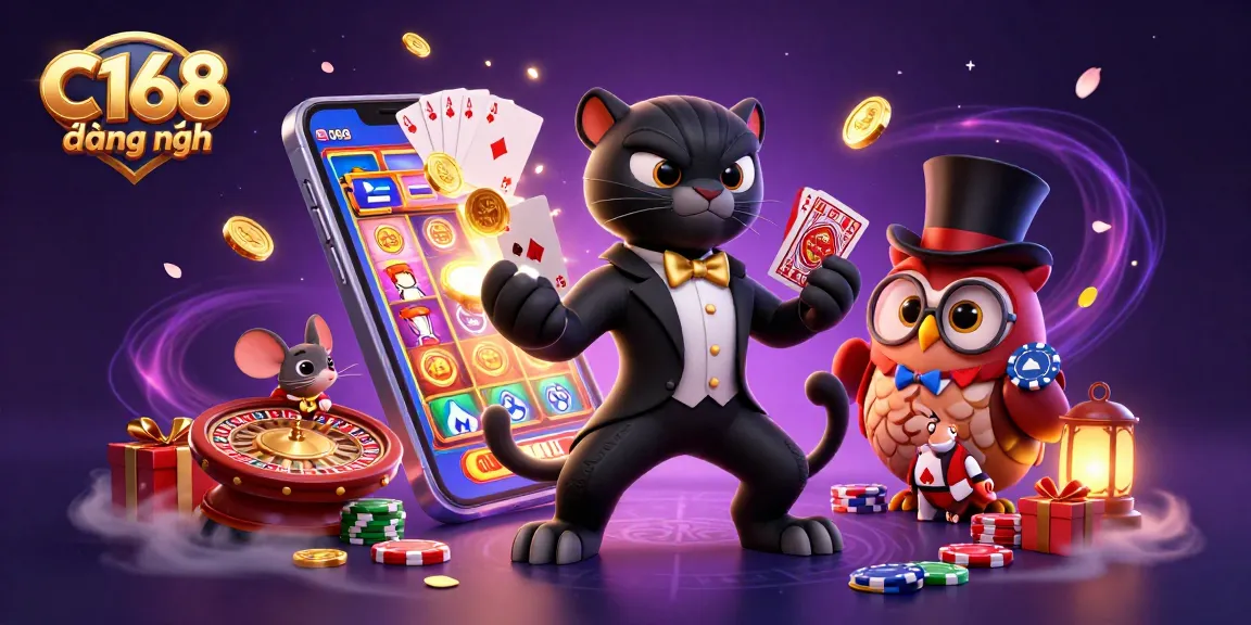 C168 đằng nhập promotes casino excitement with a stylish black panther, poker elements, and vibrant graphics.
