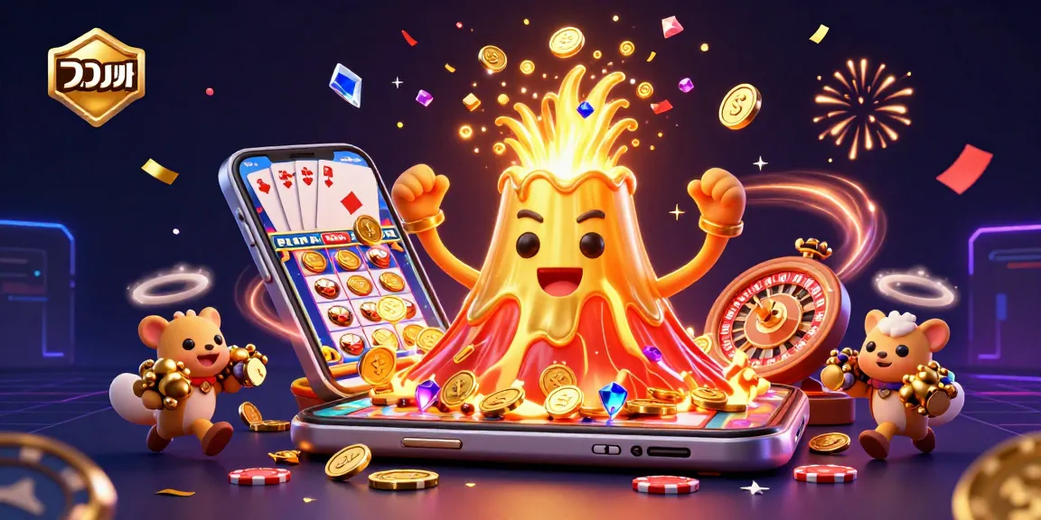 Engage in thrilling แทงบอล action with a golden volcano erupting coins and vivid slot game elements in a dynamic casino scene.