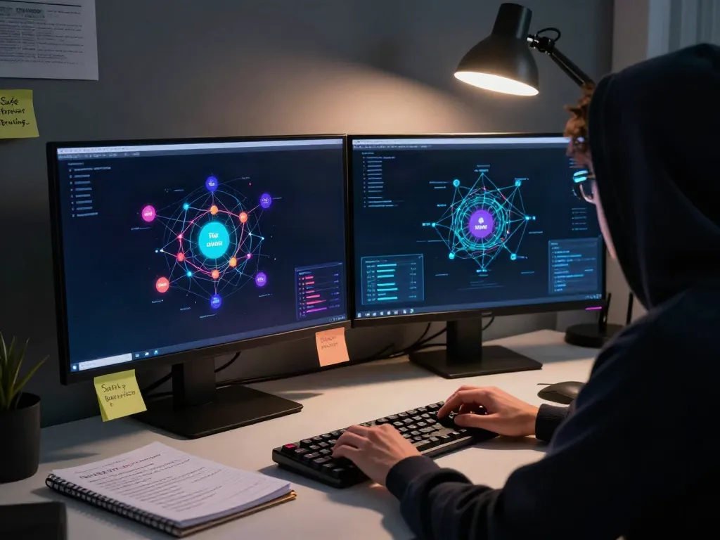 Cybersecurity expert analyzing the hidden wiki 2026 with dual monitors displaying Tor architecture