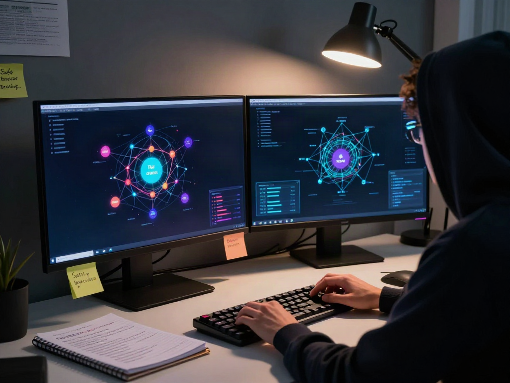 Cybersecurity expert analyzing the hidden wiki 2026 with dual monitors displaying Tor architecture