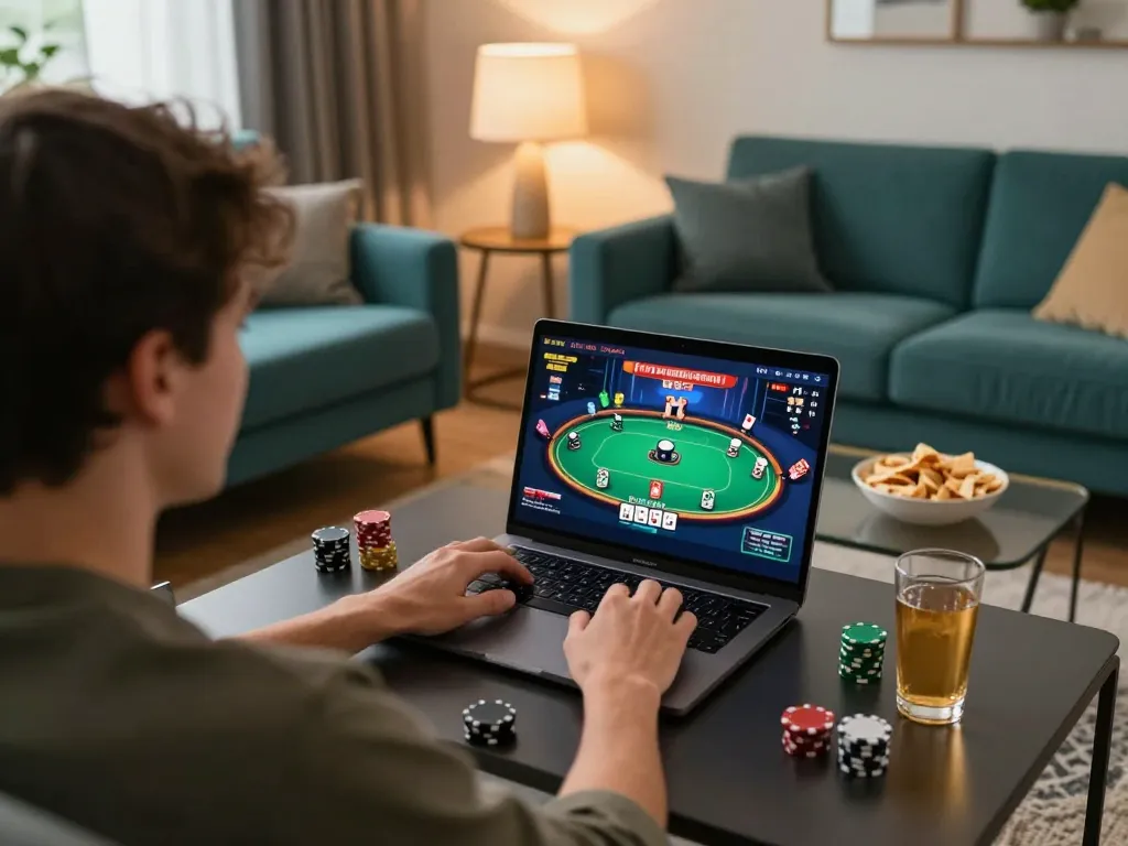 Engaging gameplay of 3win poker in a cozy home setup with snacks and warm lighting