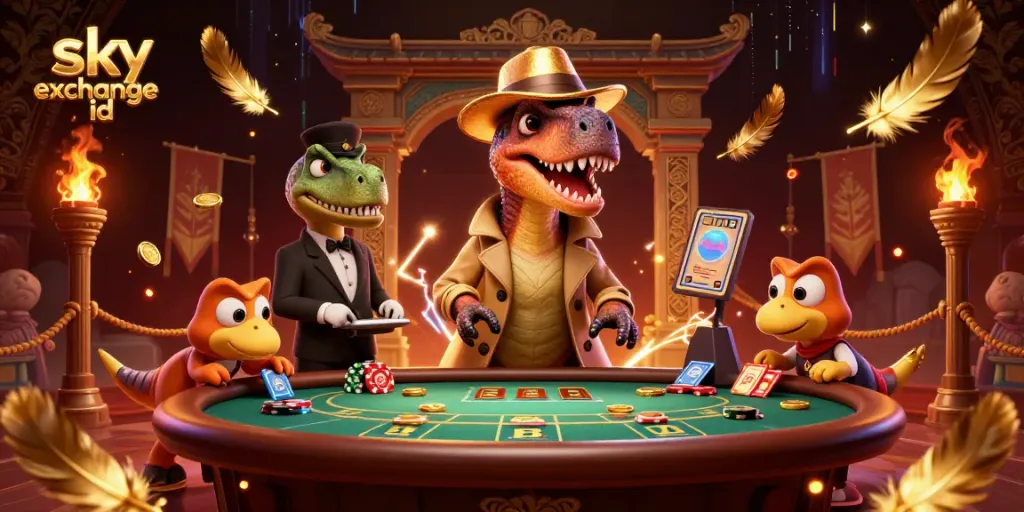 Experience sports betting action with a stylized "sky exchange id" theme featuring a velociraptor at a blackjack table.